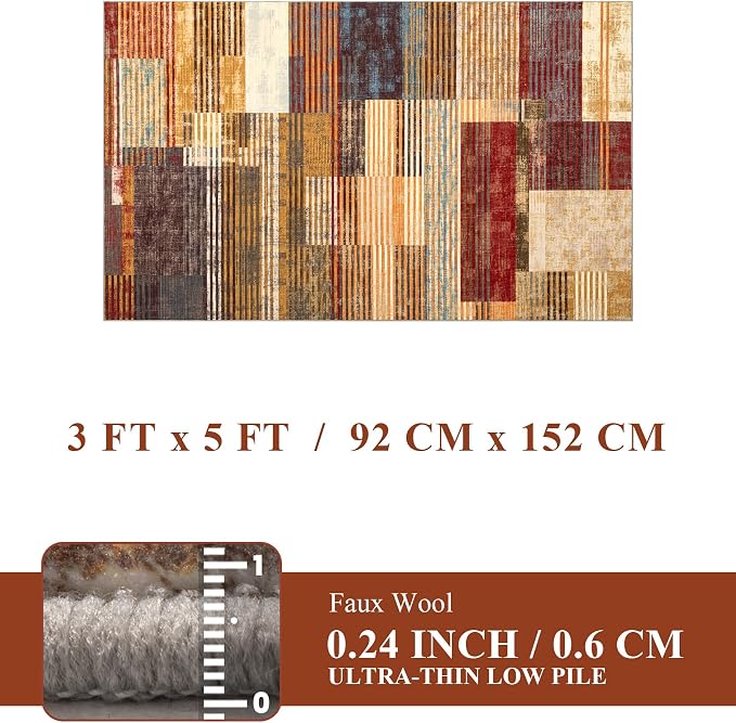 Brown Area Rug 3x5, Farmhouse Rugs Washable,Vintage Burgundy Carpets for Bedroom,Burnt Orange Area Rug Non Slip,Geometric Boho Rug for Kitchen,Dining Room