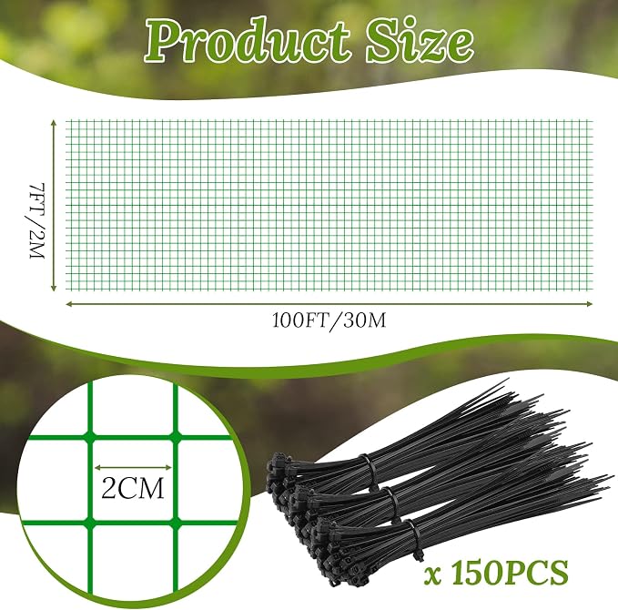 Woanger 3 Pack Deer Fence Netting Bird Netting Garden Net with 150 Pcs Cable Ties for Bird Protect Plants, Vegetables Against Birds Fruit Trees Deer Squirrel Rabbit and Other Animals (Green,7x100 ft)