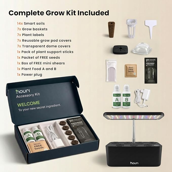 Nouri Hydroponics Growing System, 7 pod Smart Indoor Herb Garden Kit with LED Grow Lights, Hydroponic Herb Garden Indoor for Plant Lovers, Gardeners, Kitchen, Basil Seeds Included