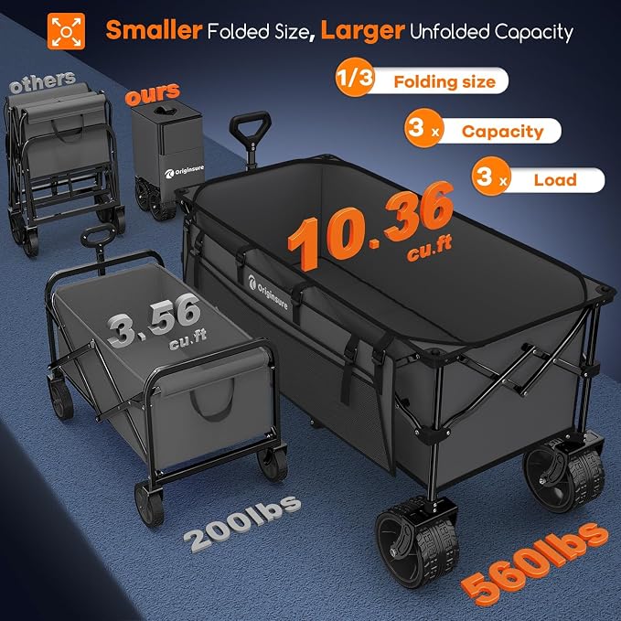 Originsure 48" L Collapsible Wagon Cart Foldable, 560lbs Weight Capacity 300L Heavy Duty Folding Beach Wagons with Big All-Terrain Wheels, Utility Carts for Groceries, Camping, Sports - Grey