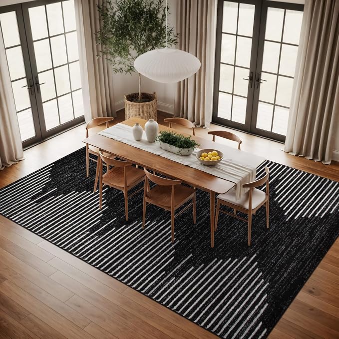 Rugshop Bohemian Stripe Stain Resistant Area Rug Black 10' x 14' | High Traffic,Fade Resistant, Living Room, Bedroom, Dining Room, Large Areas,Basement,Open Spaces,Kitchen,Oversized Area Rug