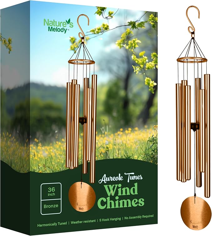Nature’s Melody Aureole Tunes Wind Chimes – Outdoor Windchime with 6 Tubes, 100% Rustproof Aluminum, Powder Finish & S Hook Hanger for Sympathy, Memorial Gift or Zen Garden (Bronze, 36")