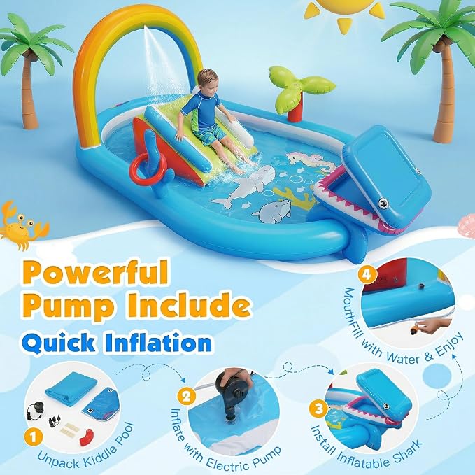 Inflatable Kiddie Pool with Slide, Water Sprayer, Waterfall, 98 × 64 × 39in Kids Play Center Water Park for Summer Outdoor Splash, Backyard and Garden (Rainbow Without Blower)