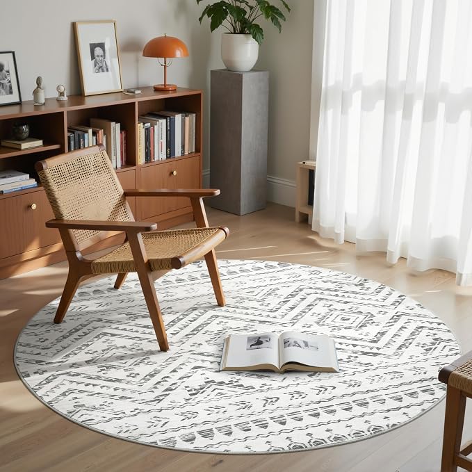 Miukiki Round Rugs 6ft for Living Room Moroccan Washable Circle Rug Grey | Non Slip Indoor Floor Carpet Foldable Area Rug for Dining Room with Low Pile 6ft