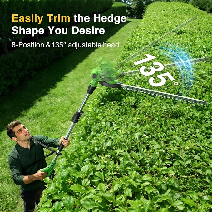 TaskStar Pole Hedge Trimmer Cordless: 20" Electric Long Reach Shrub & Bush Trimmer with Extension Pole, 2x4.0Ah Battery, Dual-Action Blade Hedge Clippers, 3000 SPM High-Speed Motor, 8-Feet Reach
