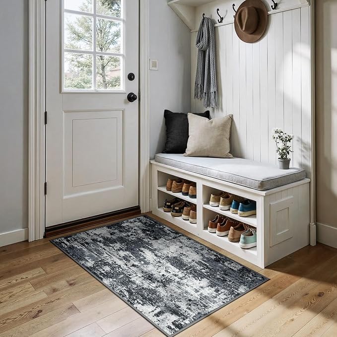 RELEANY Washable 3'x4' Abstract Area Rug for Living Room Black White | Carpet for Bedroom, Kitchen, Office, Hallway and Entryway, Printed Pattern, Non‑Slip, Soft, Stain‑Resistant, Easy to Clean