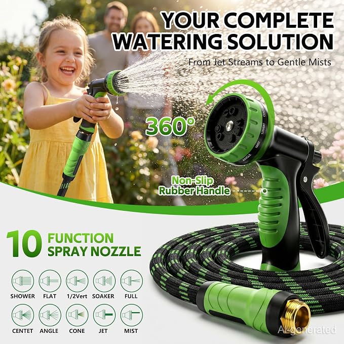 NON-EXPANDABLE Garden Hose 25 FT, Heavy Duty Steel Metal Flexible Water Hose with 10-Function Spray Nozzle, Durable Fabric Skin, No Kinks & Leak-Proof with Upgraded Handle