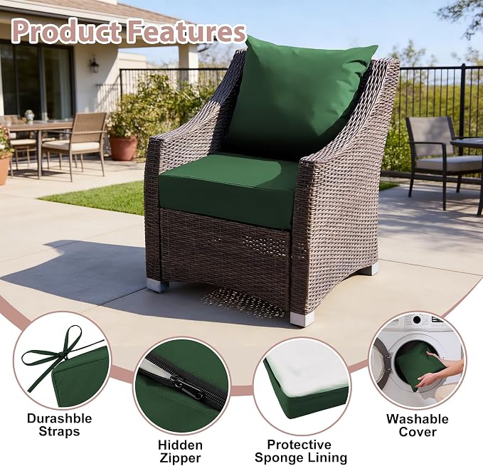Outdoor Deep Seat Cushion Set, 24x24 Inch Water-Resistant & Fade-Resistant Outdoor Chair Cushions, Patio Furniture Cushions with Removable Cover for Patio Chair, Sofa, Forest Green (Set of 4)