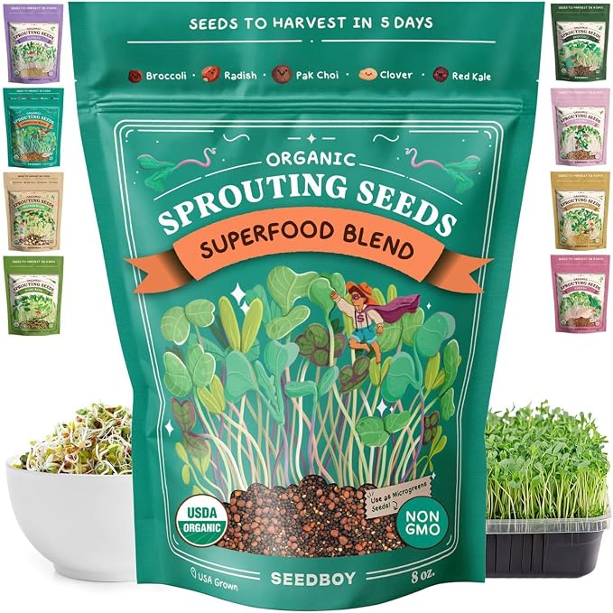 Seedboy Organic Non-GMO Sprouting Seeds, Superfood Blend - USA Grown Microgreens Mix with Broccoli, Radish, Pak Choi, Clover, Red Kale - 8 oz Makes 8 Quarts / 32 Servings (Superfood Blend)