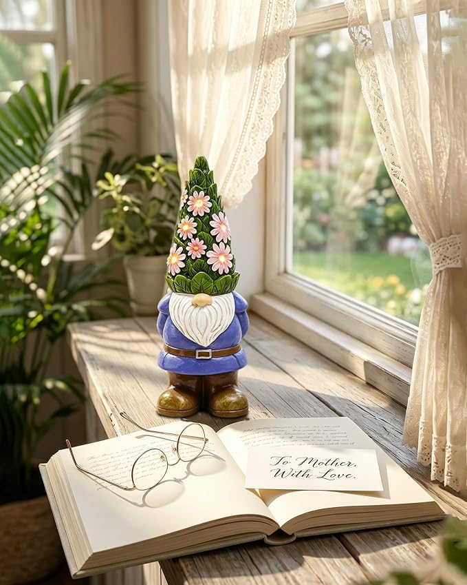Solar Garden Outdoor Statues Gnome with Succulent | 7 LED Lights, Lawn Decor Statue for Patio, Balcony, Yard Ornament, Gifts for Mom Grandma Women