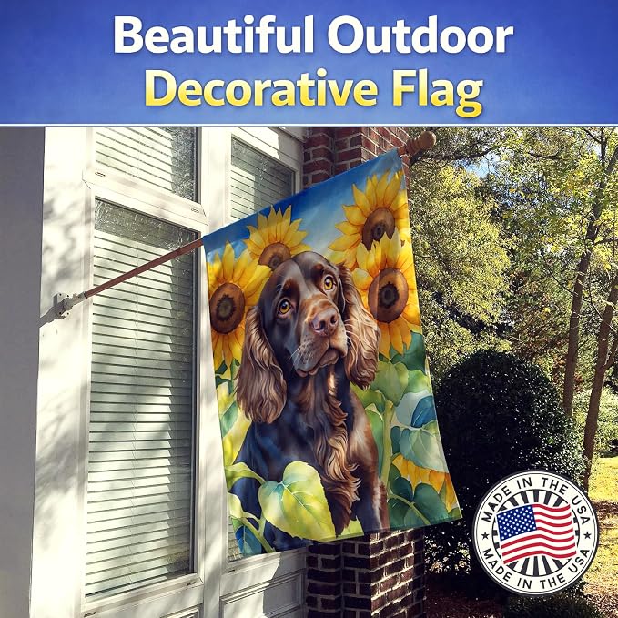 Caroline's Treasures DAC6039CHF Boykin Spaniel in Sunflowers House Flag Large Porch Sleeve Pole Decorative Outside Yard Banner Artwork Wall Hanging, Polyester, House Size, Multicolor