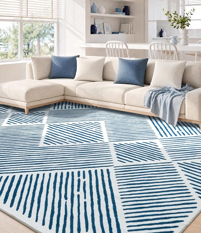 8‘x10' Washable Blue and White Rug, Modern Area Rug for Living Room | Non-Slip, Low Pile, Stain Resistant, Navy Blue Geometric Stripe Large Rug for Bedroom Dining Room