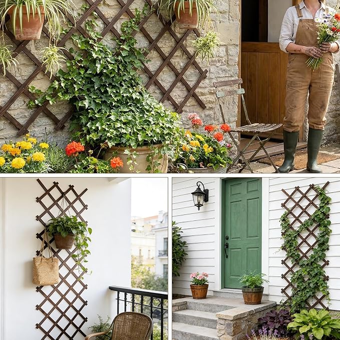 Expandable Wooden Lattice Panels Outdoor Garden Fence Trellis for Climbing Plants Roses Vines Cucumbers Weather Resistant Decorative Wood Privacy Fence (4, 38''x 89'')