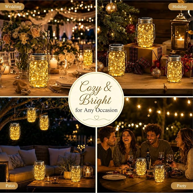 HXWEIYE 8 Pack Solar Mason Jar Lights Lanterns,Jars & Hangers Included，30LED Waterproof Hanging Outdoor Fairy Lights for Patio Garden Porch Yard Backyard Balcony Wedding(Warm White)