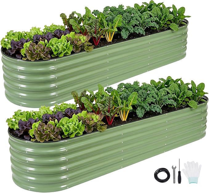 INNO STAGE Galvanized Raised Garden Bed Kits, 8x2x1.4FT Metal Raised Garden Beds Outdoor, 17'' Tall Large Steel Raised Planter Bed for Vegetables & Flowers Patio Ground Planter Box (Olive Green, 2Pcs)