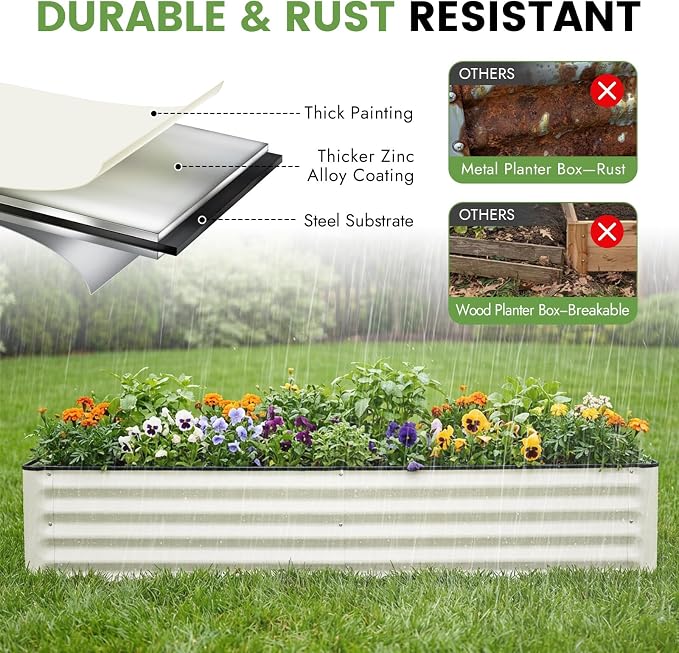 INNO STAGE Galvanized Raised Garden Bed Kits, 6x3x1ft Metal Raised Garden Beds Outdoor, Large Steel Raised Planter Bed with Gloves for Vegetables & Flowers Patio Ground Planter Box (White, 2PCS)