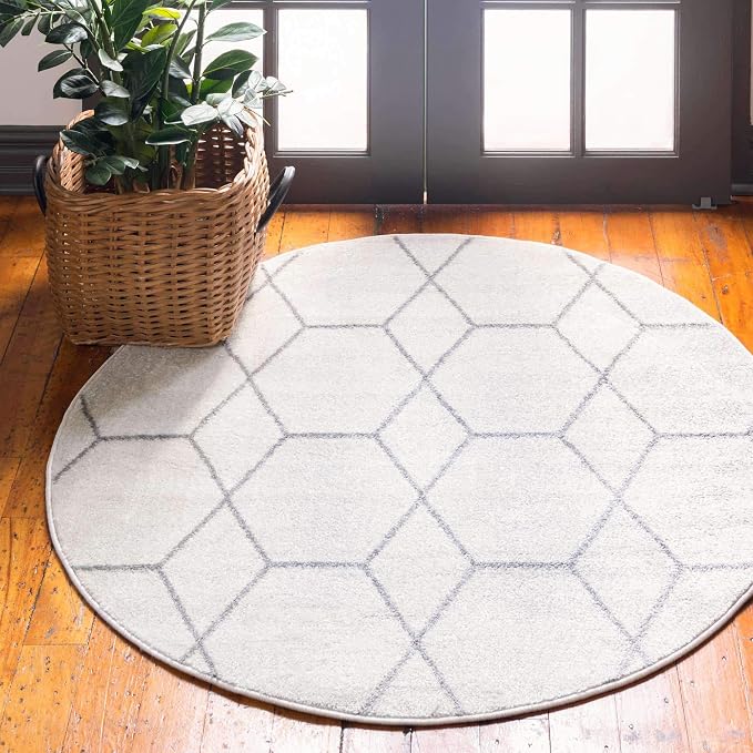 Unique Loom Trellis Frieze Collection Area Rug - Geometric (6' Round, Ivory/ Gray)