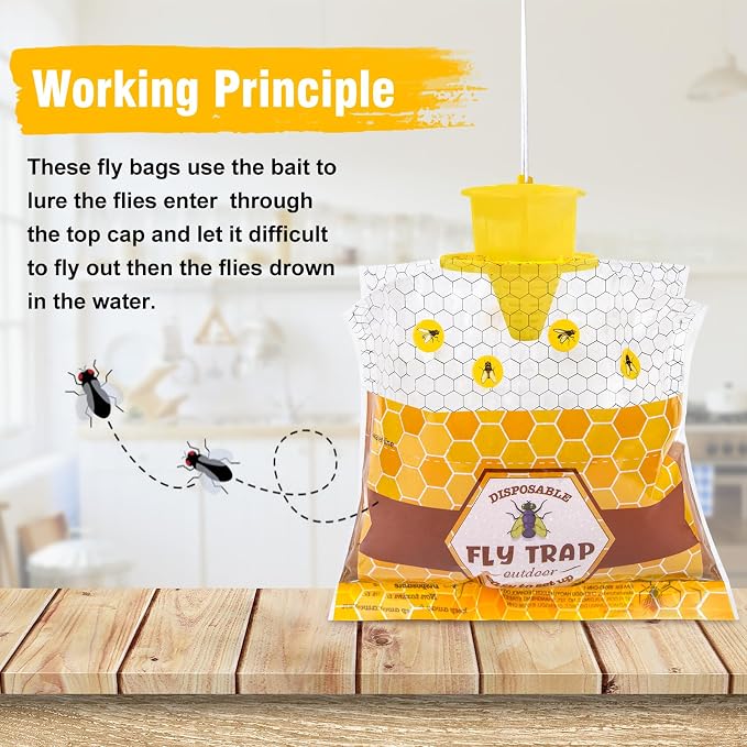4 Pack Fly Traps Outdoor Hanging for Patio, Flies Bags Outdoor Disposable with 30g Bait, Bug Fly Hunter Catcher Killer Control for Barn Horse Ranch Chicken Coop