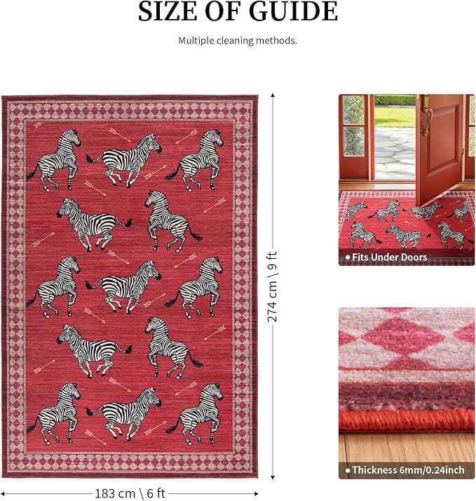 YIHOUSE Red Zebra Area Rugs 6×9, Washable Animal Print Rug with Checkered Border, Non-Slip Low Pile Mid-Century Modern Carpet for Living Room, Bedroom, Dining Room, Home Decor