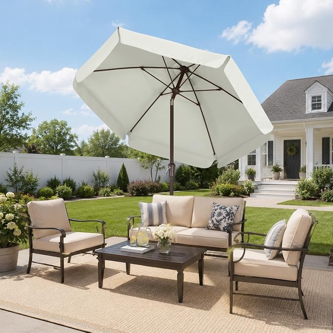 ABCCANOPY 7.5ft Scalloped Patio Umbrella, Outdoor Table Umbrella with Tilt and Crank, Fiberglass Ribs Deck Umbrella for Patio, Pool, Garden, Picnic (Light Beige)