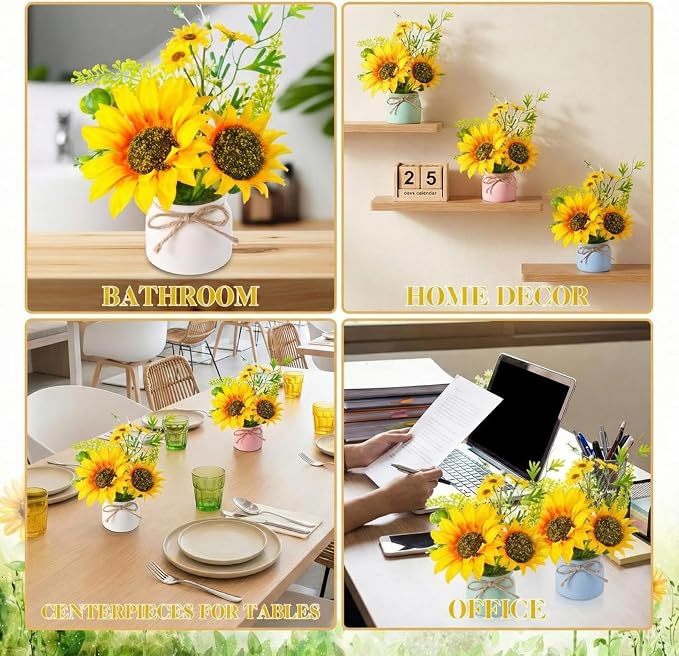 Zeyune 8 Pcs Sunflower Potted Plants Rustic Summer Spring Kitchen Wedding Table Centerpieces Silk Yellow Fake Flower with Plastic Pot for Home Bathroom Office (4 Colors,Sunflower)