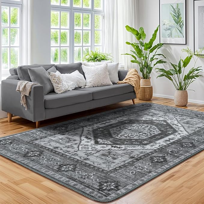LBRO2M Machine Washable Rug Soft Pet Friendly Carpet 4X6 Dark Gray | Persian Rug 4X6 for Living Room, Bedroom, Dining Room, Home Office, Non Slip Carpet, Foldable Stain Resistant Rugs