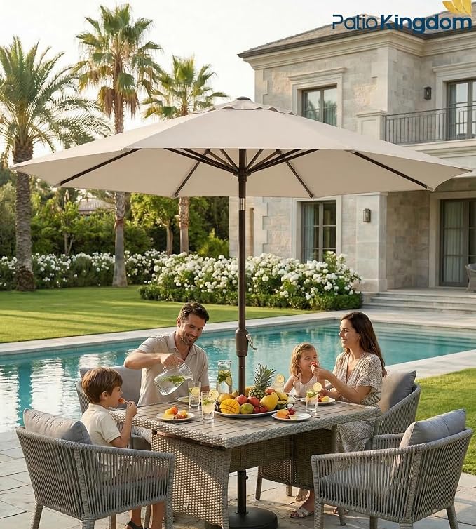 PatioKingdom 9FT Patio Outdoor Umbrella-UPF 50+ Sun Shade with Wind Vent, Push-Button Tilt & Smooth Crank Lift, Rust-Resistant Fiberglass Frame for Garden, Backyard,Yard (Beige)