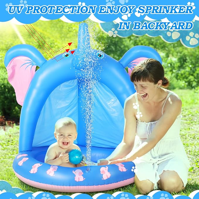 47 Inches Baby Pool with Canopy Elephant Inflatable Baby Swimming Pool with Soft Floor Bottom and Built in Sunshade Water Sprinkler for Kids Outdoor Indoor Game Play Center