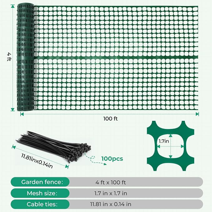 Ohuhu 15LB Heavy Duty Plastic Garden Fence Safety Fence, 4x100 FT Reusable Netting Plastic Mesh Fence Roll, Temporary Fencing for Animal Barrier Pool Fence for Poultry Rabbits Chicken Dogs