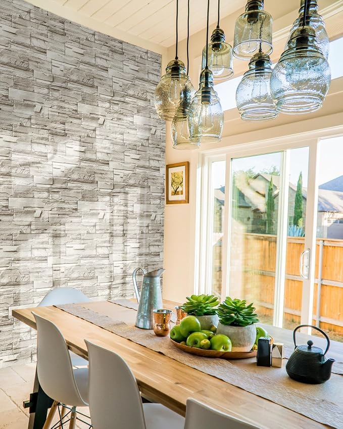 Jeweluck Stone Wallpaper Peel and Stick Brick Wallpaper 17.7”×236.2” Brick Contact Paper Peel and Stick Wall Paper Bathroom Faux Stone Backsplash for Kitchen Removable Decorative for Walls Vinyl