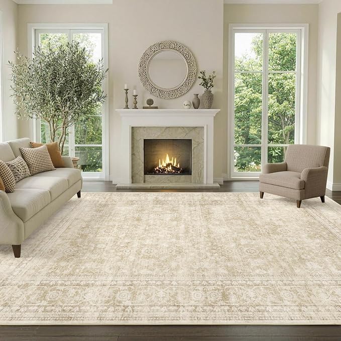 8x10 Ft Large Area Rugs for Living Room, Soft Non-Slip Machine Washable Rug, Vintage Stain Resistant Carpets for Bedroom Nursery Dining Room Home Decor (Beige)