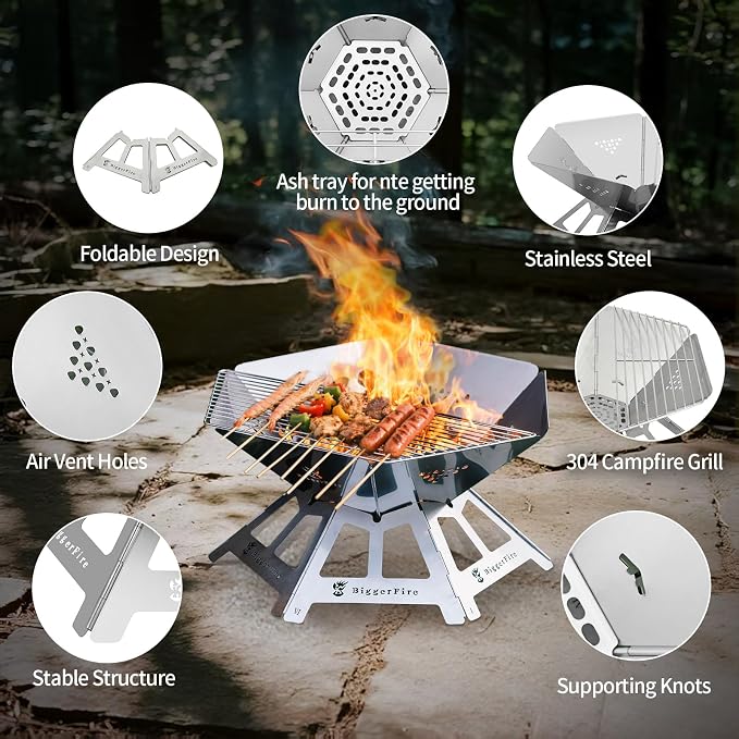 Foldable Portable Fire Pit,Stainless Steel Fire Pits with Charcoal Grill Net and Storage Bag,Camping Fire Pit Grill for Patio Outdoor Barbecue Campfire Bonfire (Large)