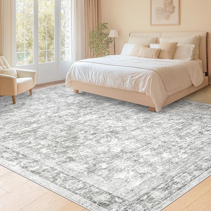 8x10 Area Rugs for Living Room: Washable Large Vintage Floral Rug Low Pile Non-Slip Boho Carpet for Bedroom Dining Home Office (Grey, 8'x10')