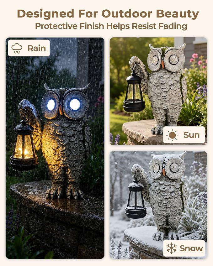 Solar Owl Statue Outdoor Decor | Stone-Look Resin Owl Garden Sculpture with Glowing Eyes & Hanging Lantern | Realistic Weathered Finish for Patio, Lawn, Porch, Flower Bed | Gardening Gift
