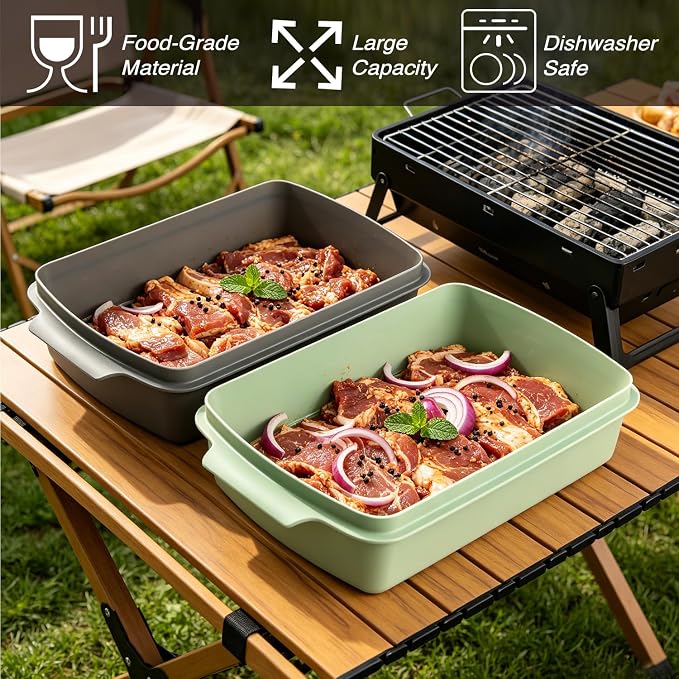 Sunmei Grill Prep and Serving Trays, 3-in-1 Stackable BBQ Food Tray, 5PCS BBQ Serving Set with Marinating Container, Serving Platter, Cutting Board and 2PCS Colored 12-Inch Grill Tongs (Green)