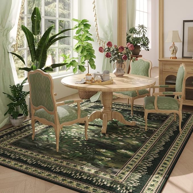 Rugcomf 5x7 Area Rugs Impressionist-Style Vintage Washable Area Rug Non Slip Low Pile Large Rugs for Living Room Bedroom Farmhouse Dining Room Kids Playroom, Green