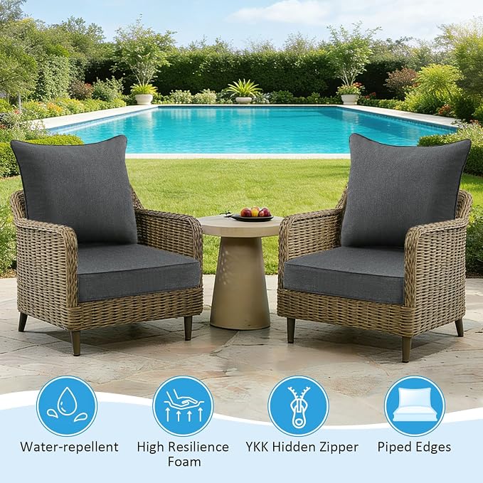 Outdoor Deep Seat & Back Cushion Set (2-Pack), 24 x 24 Inch Water Repellent and Fade Resistant Patio Furniture with Removable Cover for Outside Sofa Couch, Charcoal