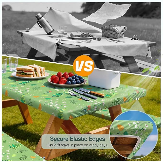 Picnic Table Cover with Bench Covers Camping Essentials Waterproof Windproof Camping Tablecloth with Drawstring Bag, Fitted Rectangle Tables and Seats, 60in, Grass Green