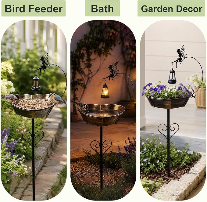 Solar Metal Heart-Shaped Bird Bath for Outdoors, Removable Vintage Freestanding 135 fl oz Bowl with Upgraded 5-Pronged Base & Fairy Lantern, Birdbaths for Garden Yard Lawn Decor Romantic Gifts