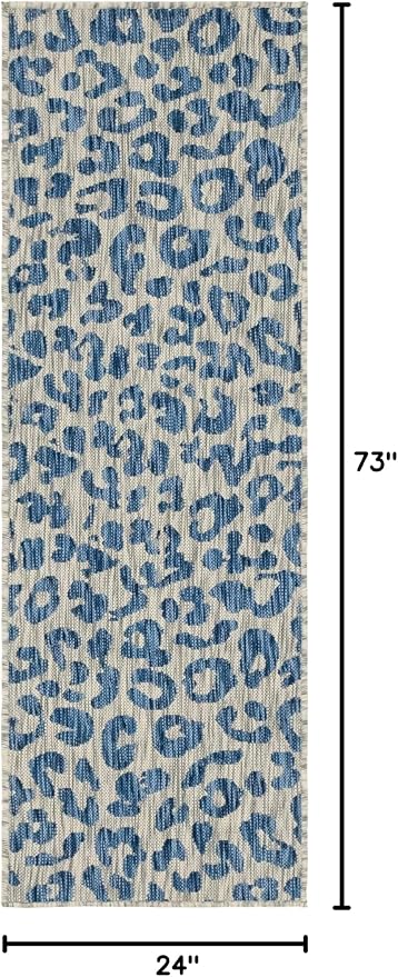 Unique Loom Outdoor Safari Collection Area Rug - Leopard (2' x 6' 1" Runner, Blue Yellow/ Blue)
