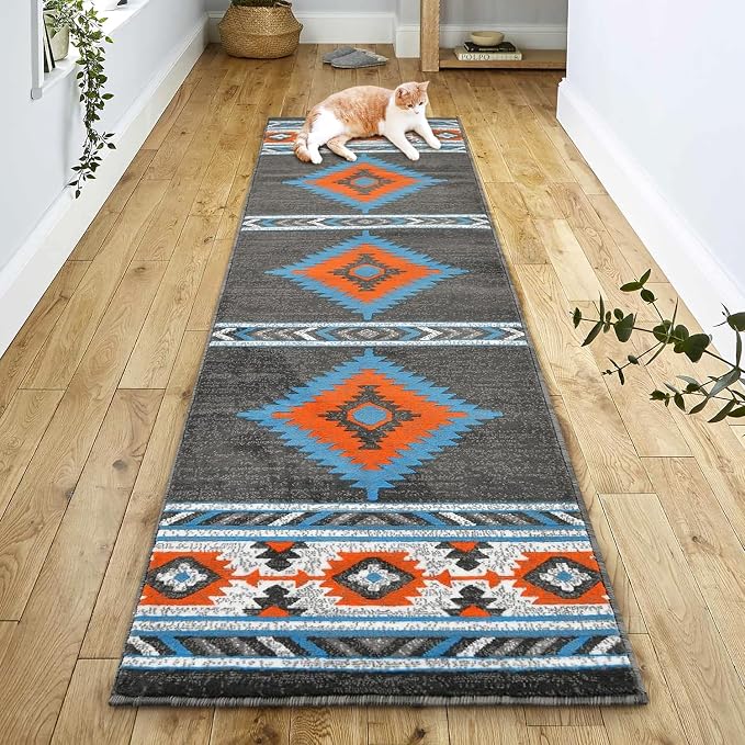 YHSF Southwestern Area Rug - Anti Static & Washable - Lead, 2 ft x 7 ft | Soft Native American Tribal Floor Rugs for Living Room, Bedroom, Hallways, and More - Easy-to-Clean Home Decors
