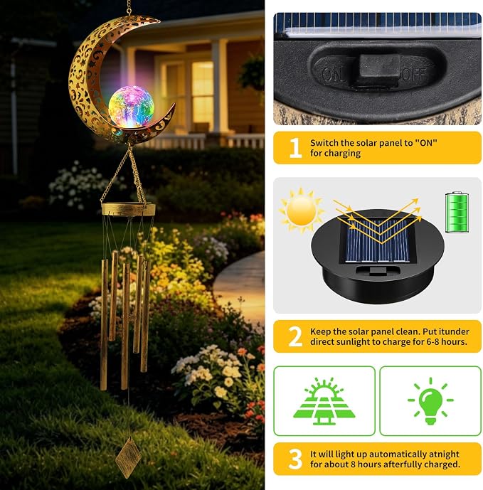Solar Moon Wind Chimes for Outside Color Changing Unique Birthday Mom Gifts for Women Mom Grandma Crackle Glass Ball LED Wind Chimes Solar Lights Outdoor Garden Decor Light for Patio Yard Backyard