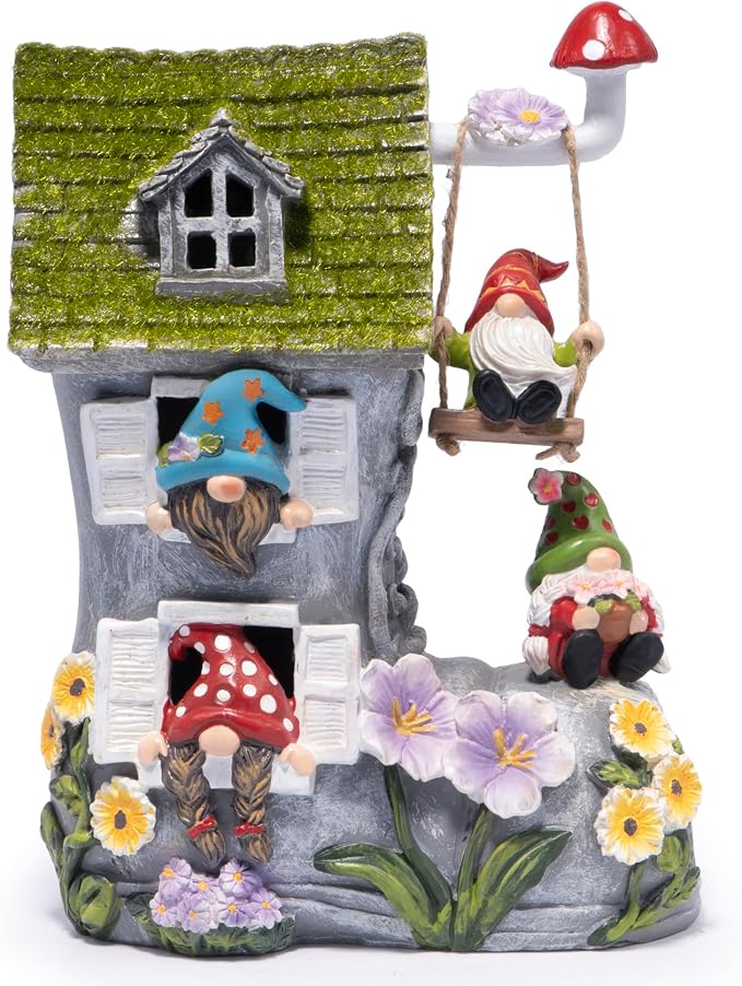 Hodao Spring Solar Gnomes Garden Decor - Whimsical Shoe House with Swinging Gnome, Hand-Painted Floral Base & Mushroom Swing for Porch, Yard, Flower Bed Garden Gifts for Women, Mom (Grey)