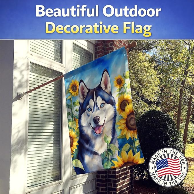 Caroline's Treasures DAC6164CHF Siberian Husky in Sunflowers House Flag Large Porch Sleeve Pole Decorative Outside Yard Banner Artwork Wall Hanging, Polyester, House Size, Multicolor