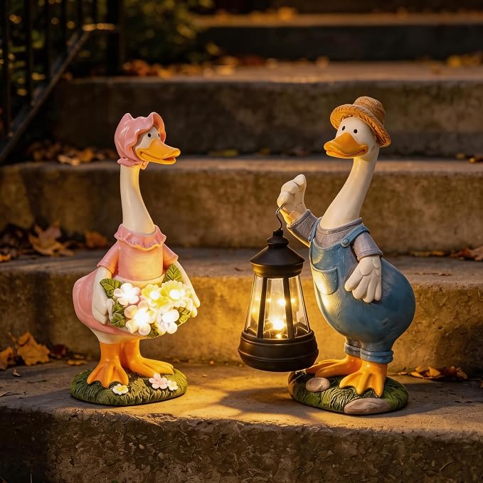 2 Pack Porch Goose Statues, 10 Inch Solar Powered Light Up Resin Garden Statues, Waterproof Outdoor Decor for Patio Lawn, Cute Duck Goose Figurine