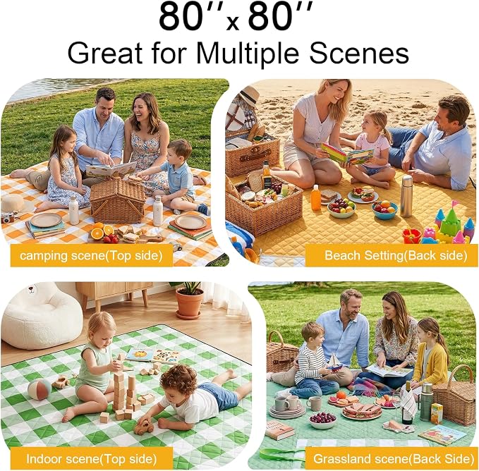 2 in 1 Tote Picnic Blanket Waterproof Outdoor Camping Mat,Large Capacity Beach Blanket 80''x80'' 7 Layers Easy to Foldable and Carry.