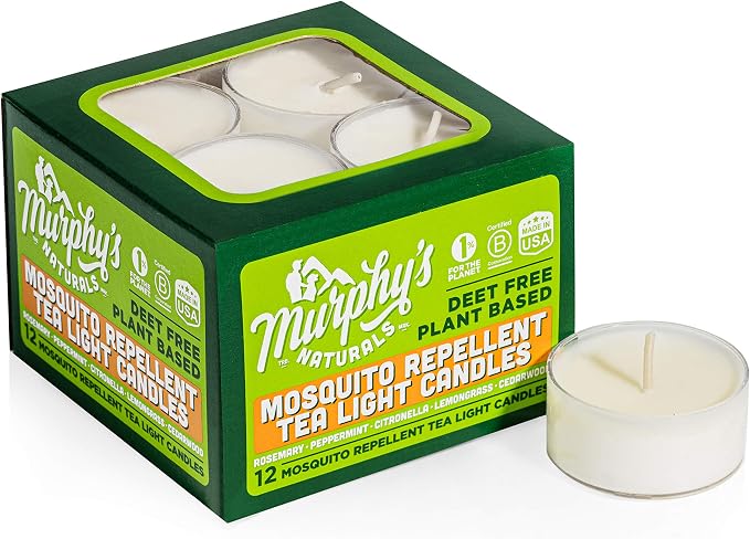 Murphy's Naturals Citronella Mosquito Repellent Tea Light Candles, 12-Pack | Soy & beeswax blend with rosemary, peppermint, citronella & lemongrass oils; 0.5 oz candles, 4-hour burn for patio & outdoors