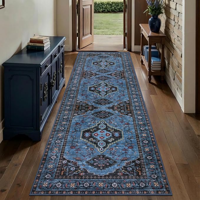 Tangsoo Blue 2.6x8 Washable Runner Rug for Hallways, Non Slip Runner Rug | Oriental Soft Low Pile Long Rug Runner,Vintage Boho Print Carpet Runners for Kitchen Bedroom Entryway Bathroom Living Room