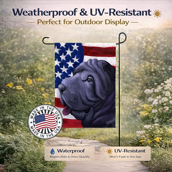 Caroline's Treasures CK6620GF Miniature Shar Pei Dog American Flag Garden Flag Mailbox Flag Decorative Yard Flag Banner Outside Patio Artwork Yard Flower Beds, Garden Size, Multicolor