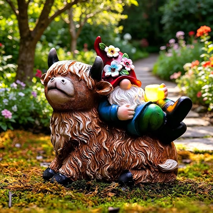 Pohabery Garden Gnomes Decor Outdoor Statues, Gnome on Highland Cow with Solar Cup Light, Patio Yard Decor, Gift for Mom Women Garden Lovers（M